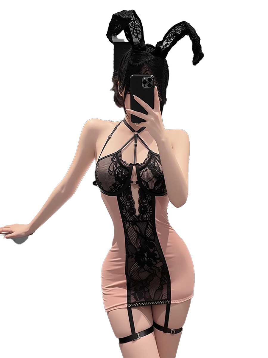 Lace Teddy Lingerie - Robe moulante courte en dentelle rose